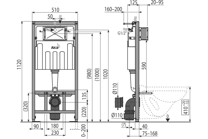 Скрытая система инсталляции Alcaplast для сухой установки  (для гипсокартона) (высота монтажа 1,12 м)"